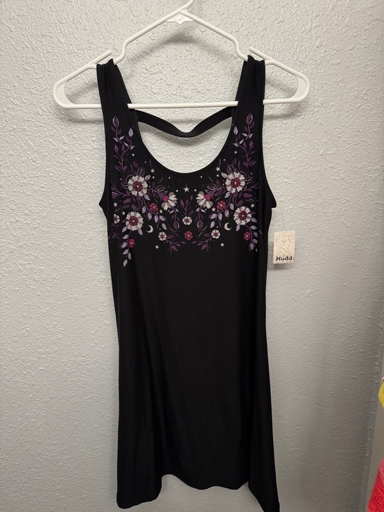 Mudd Dresses & Skirts - Mudd Black Midi Dress with Purple & White Floral Embroidery